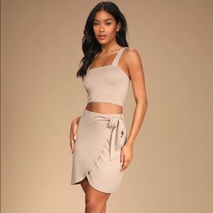 Lulu's Chic Moments Taupe Side-Tie Two-Piece Mini Dress Size S